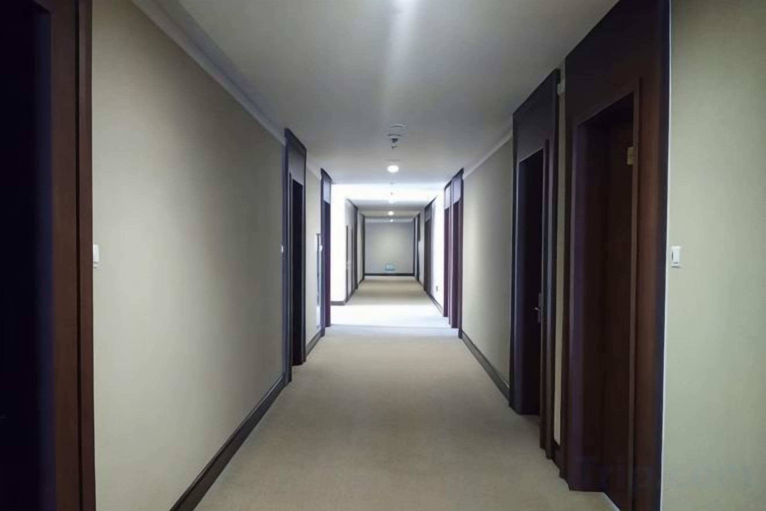 A hotel corridor with doors on both sides, leading to rooms.