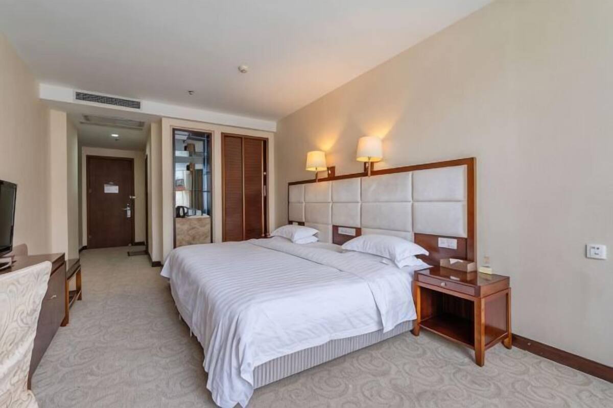 Una habitación de hotel con una cama grande, lámparas de noche, televisión y armario.