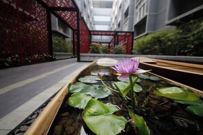 Een waterpartij met een lotusbloem en waterlelies in de binnenplaats van een modern gebouw.