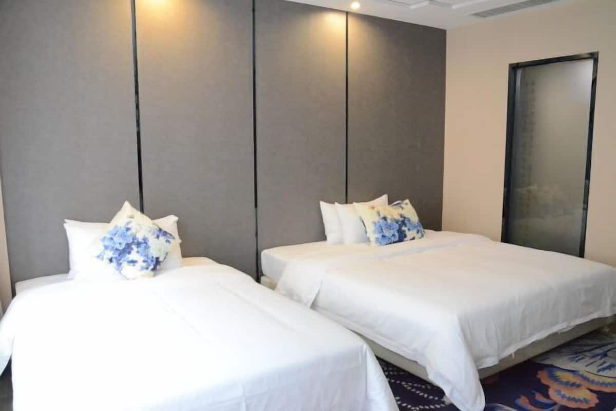 Une chambre d’hôtel avec deux lits, un grand miroir et une moquette à motifs.