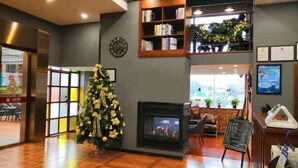 Un vestíbulo con chimenea, un árbol de Navidad, una estantería y un cartel en la pizarra.