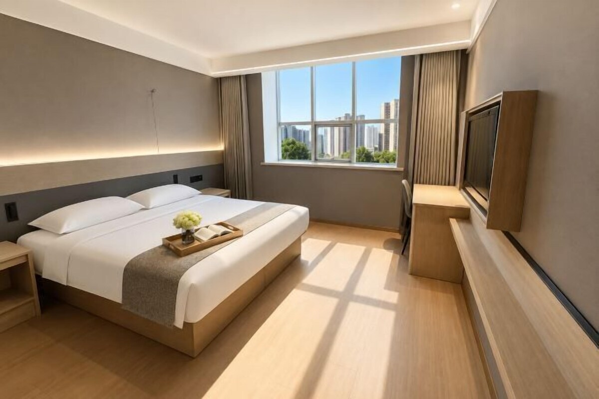 Habitación de hotel con una cama grande, un televisor montado en la pared y una ventana con vista a la ciudad.