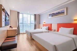 A hotel room with two beds, a desk, a bench, a TV, and a large window. - 7 Days Premium (Chongqing Liangjiang New District, Yufu Industrial Park, Yuzui) (Chongqing)