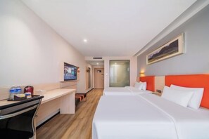 A hotel room with two beds, a desk, a chair, a TV, and a painting on the wall. - 7 Days Premium (Chongqing Liangjiang New District, Yufu Industrial Park, Yuzui) (Chongqing)