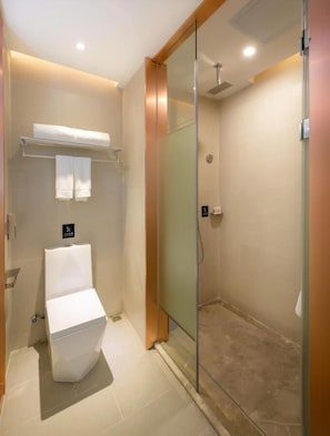 A modern bathroom with a glass shower enclosure, a white toilet, and a towel rack.