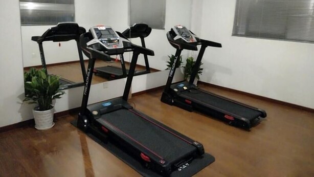 Una habitación con tres cintas de correr, una planta en maceta y una ventana con persianas.