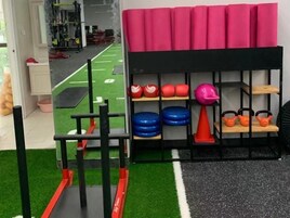 A gym with a green turf floor, a black and red obstacle course, and various exercise equipment like kettlebells and medicine balls.