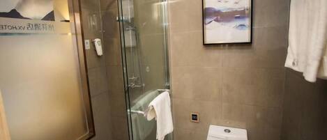 A bathroom with a glass-enclosed shower, a toilet, and a framed picture on the wall.
