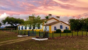 A two-story building with a yellow facade and blue window frames, surrounded by a fenced yard with trees and a clear sky. - Monte Alentejano T5 Private Pool (Portalegre)