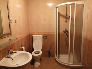 A bathroom with a toilet, sink, and shower. - Apartments Znidar (Bohinj)