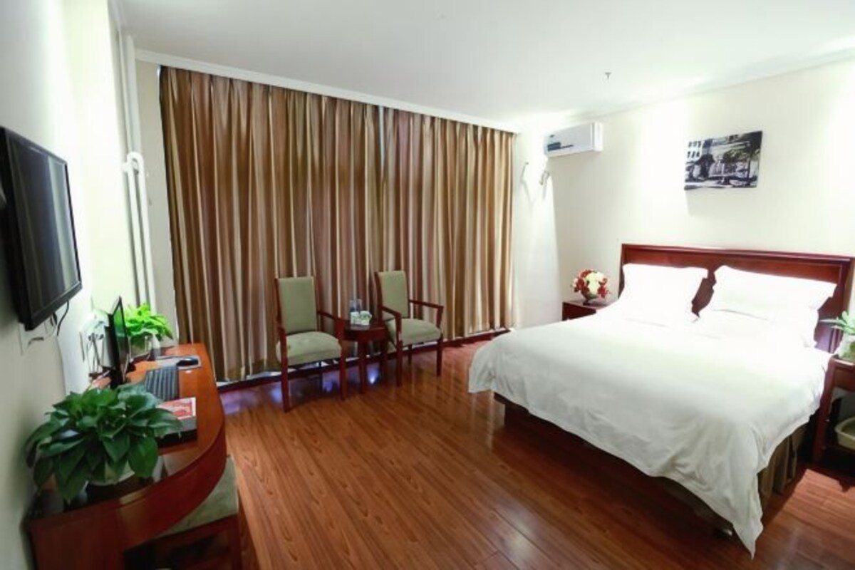 Ein Hotelzimmer mit einem Bett, zwei Stühlen, einem Fernseher, einer Pflanze und einem Vorhang.