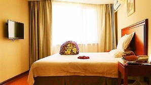 Une chambre d’hôtel avec un lit, un téléviseur fixé au mur et une fenêtre avec des rideaux.