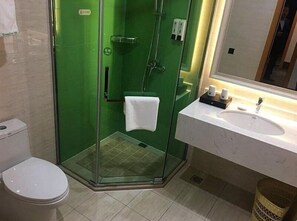 Ein Badezimmer mit einer ein Glasfach trennenden Dusche, einer weißen Toilette und einem Waschbecken mit Spiegel.