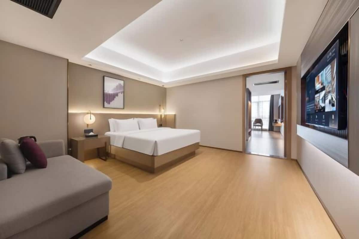 Une chambre d’hôtel moderne équipée d’un lit, d’un canapé, d’un bureau et d’une télévision.