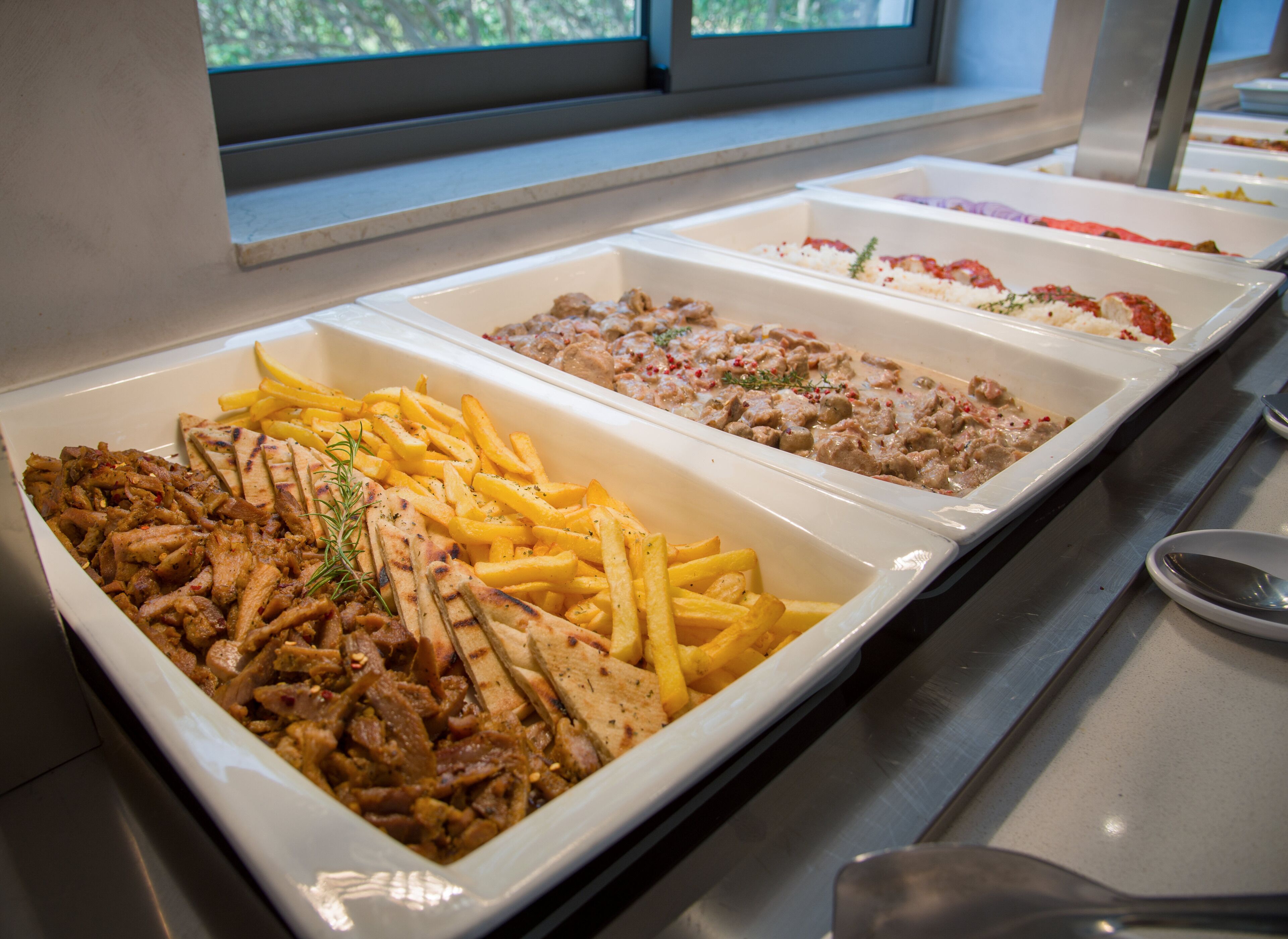 A buffet with various dishes including grilled meat, French fries, and a creamy sauce dish.