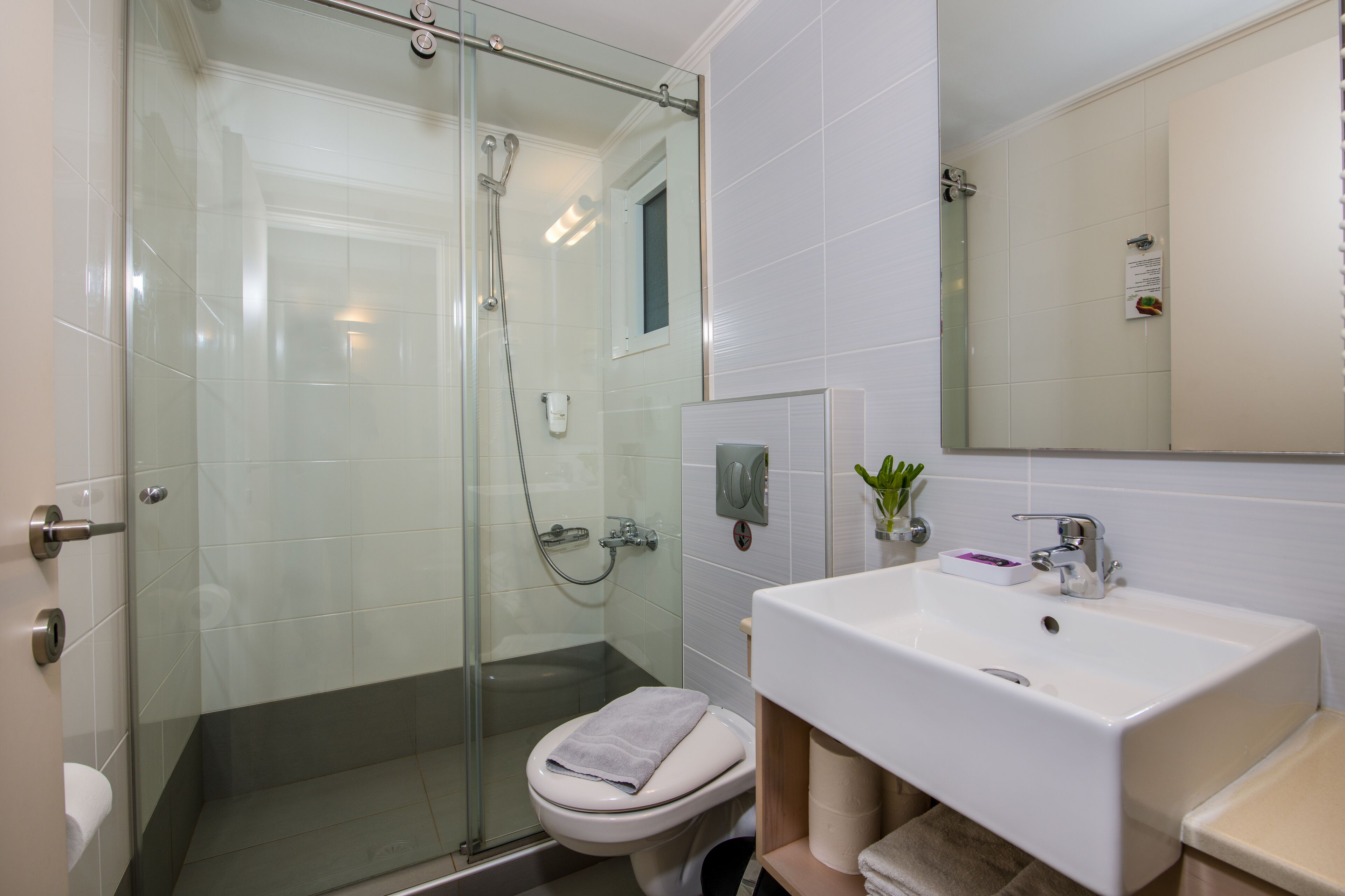 A modern bathroom with a glass-enclosed shower, a white sink, and a mirror above it.