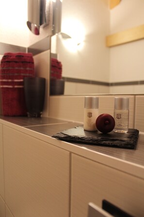 Dusche, Haartrockner, Handtücher, Seife