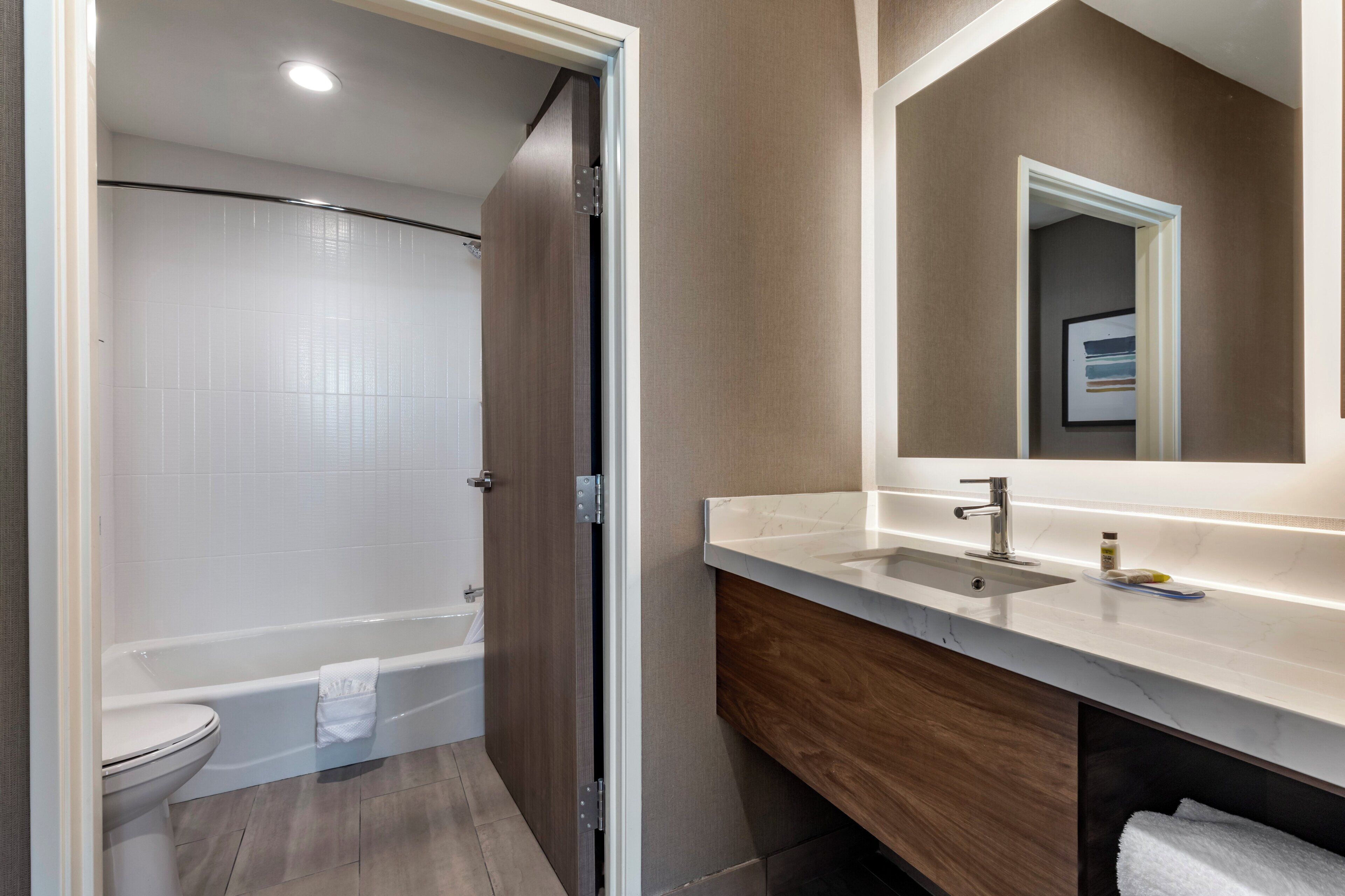 A modern bathroom with a shower, toilet, and vanity with a mirror.