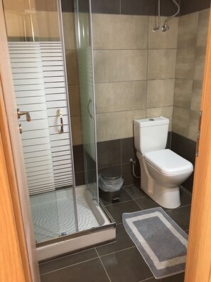 Quarto duplo | Banheiro | Chuveiro, secador de cabelo, toalhas de banho, papel higiênico