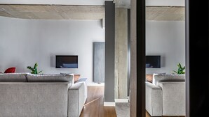 A modern living room with two grey sofas, a flat-screen TV, and a large window.
