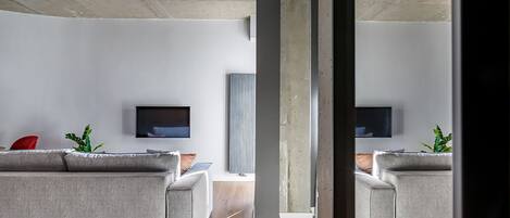 A modern living room with two grey sofas, a flat-screen TV, and a large window.