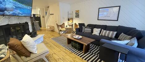 Smart TV, fireplace, video games, DVD player