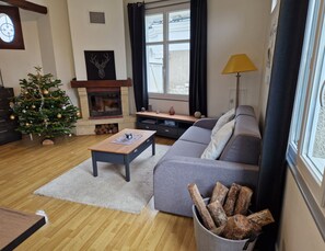 Smart-TV, Kamin, Bücher, Videothek