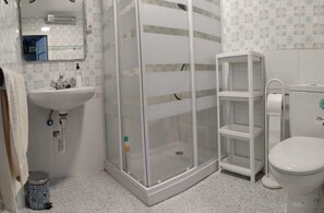 Shower, towels, toilet paper