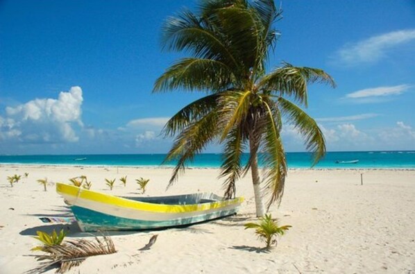On the beach, sun loungers