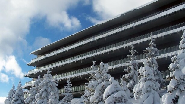 A multi-story building with a flat roof and balconies, surrounded by snow-covered trees. - Winter Holiday in Sestriere (Sestriere)