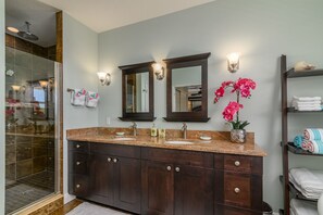 Combined shower/bathtub, rainfall showerhead, hair dryer, towels