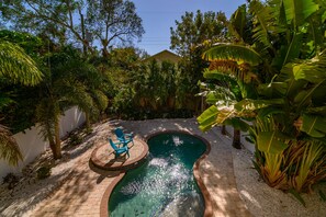 Une piscine à bordures courbes, entourée d’une végétation luxuriante et dotée d’une terrasse carrelée.