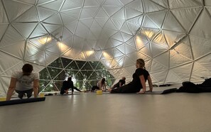 Experience the unique geodesic dome, offering a spacious interior with mats for various activities.