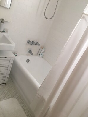 Combined shower/tub, hair dryer, towels
