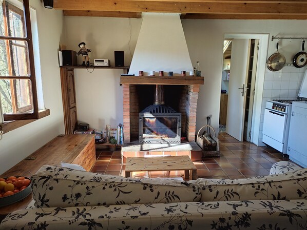 A cozy living room with a fireplace, wooden furniture, and a view of the outdoors through a window.