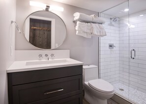 Regadera, secadora de cabello, toallas, papel de baño 