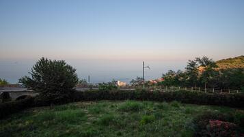 Paesaggio costiero con un ponte, vegetazione e una vista limpida sul mare.