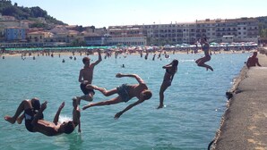 Une scène de plage où l’on voit des gens nager et plonger dans l’eau.