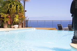 Una piscina con vistas al océano, rodeada de macetas con plantas y sillas de descanso.