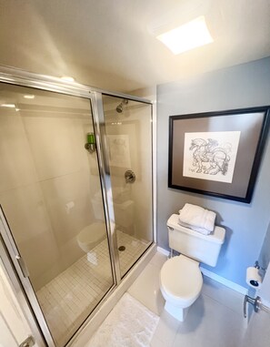 A modern bathroom with a glass-enclosed shower, a toilet, and a framed artwork on the wall.