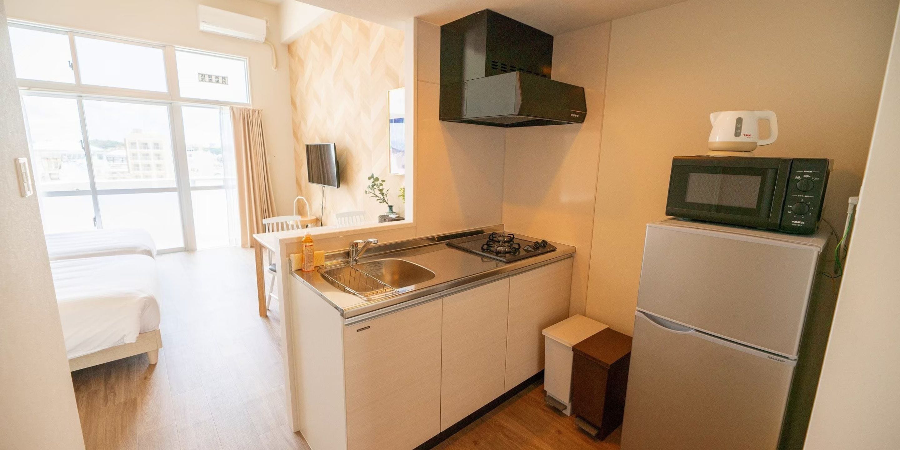 Fridge, microwave, stovetop, electric kettle