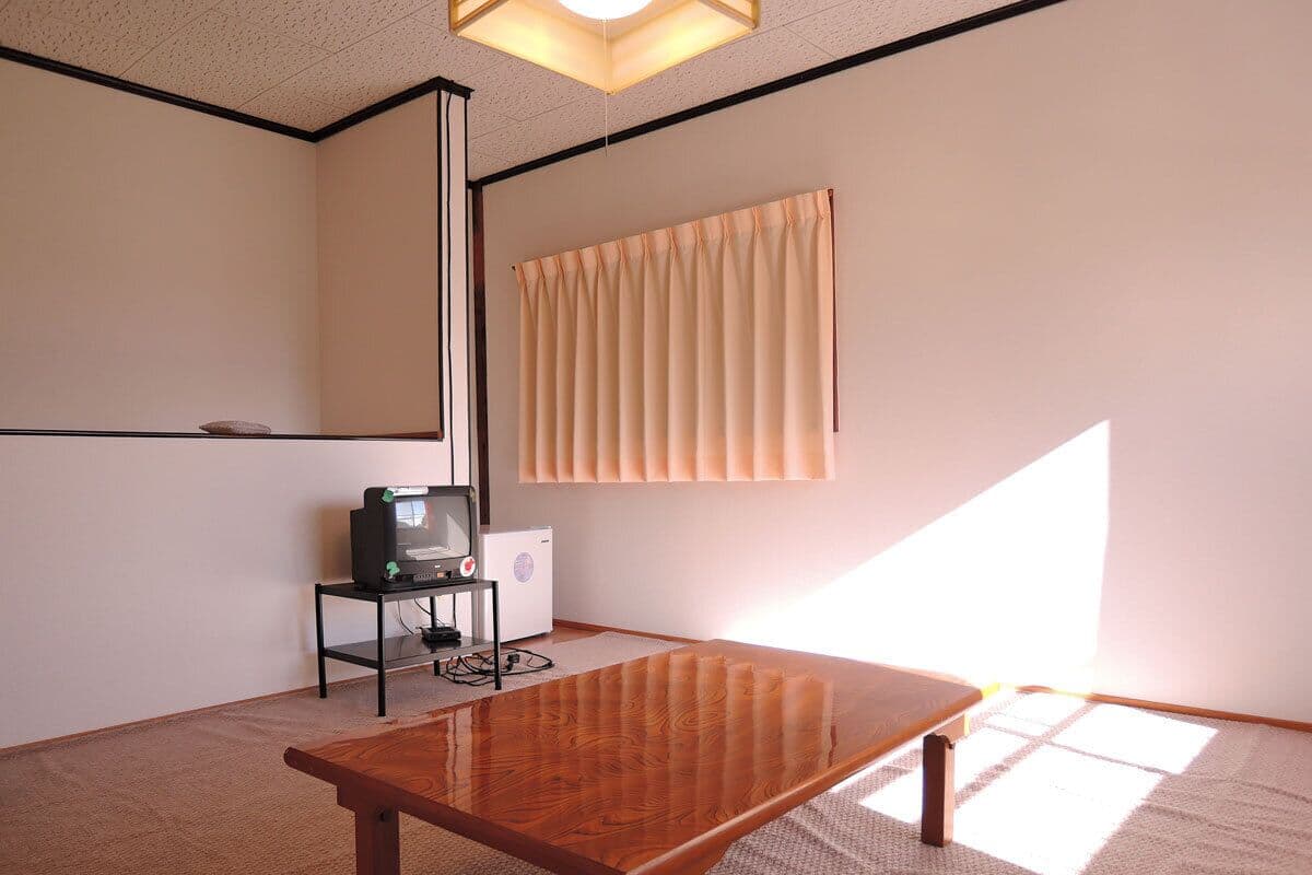 Een kamer met een houten tafel, een kleine zwarte televisie op een standaard en een radiator.