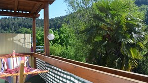 A wooden balcony with a hammock and a view of a forested hillside. - Family-friendly, Black Forest Nature Park Murg Valley Baden Baden Hiking vacation  (Weisenbach)
