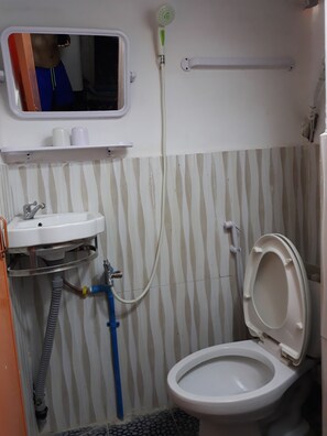 Combined shower/tub, hair dryer, towels