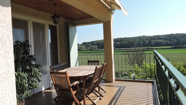 Een overdekt terras met een tafel en stoelen, een plant in pot en uitzicht op een groen veld en bomen.