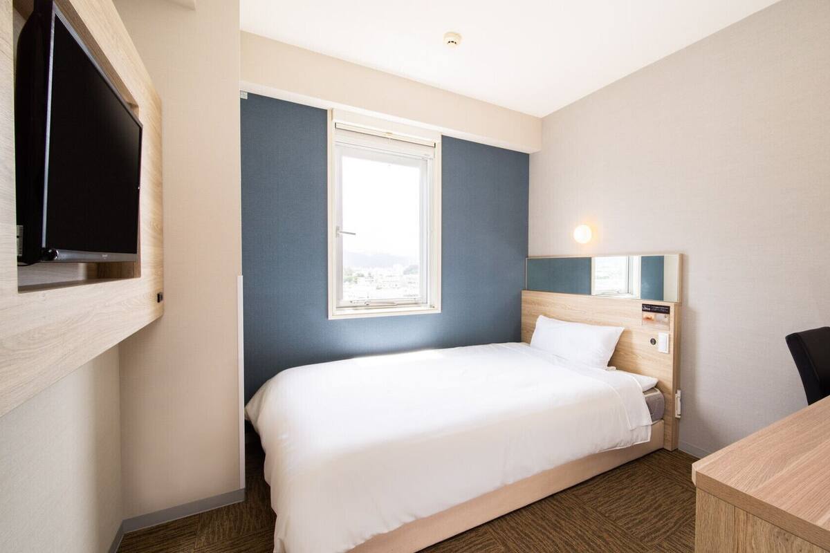 A hotel room with a bed, a desk, a television, and a window.