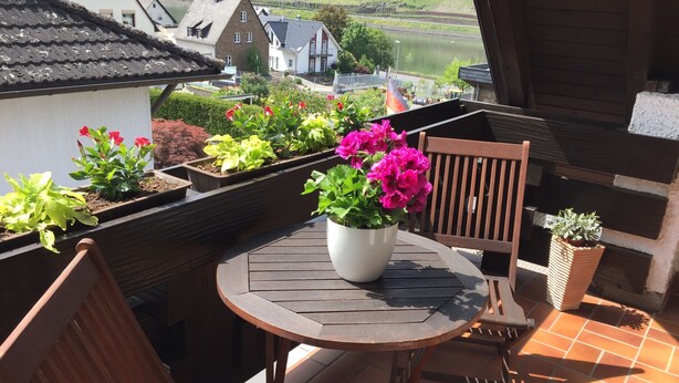 Une terrasse avec une table ronde et deux chaises en bois, entourée de plantes en pot et offrant une vue sur une rivière et des maisons au loin.