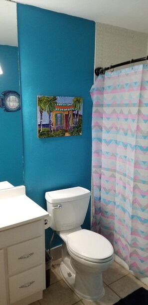 Combined shower/bathtub, towels, soap, toilet paper