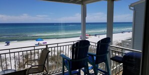 On the beach, sun-loungers, beach towels