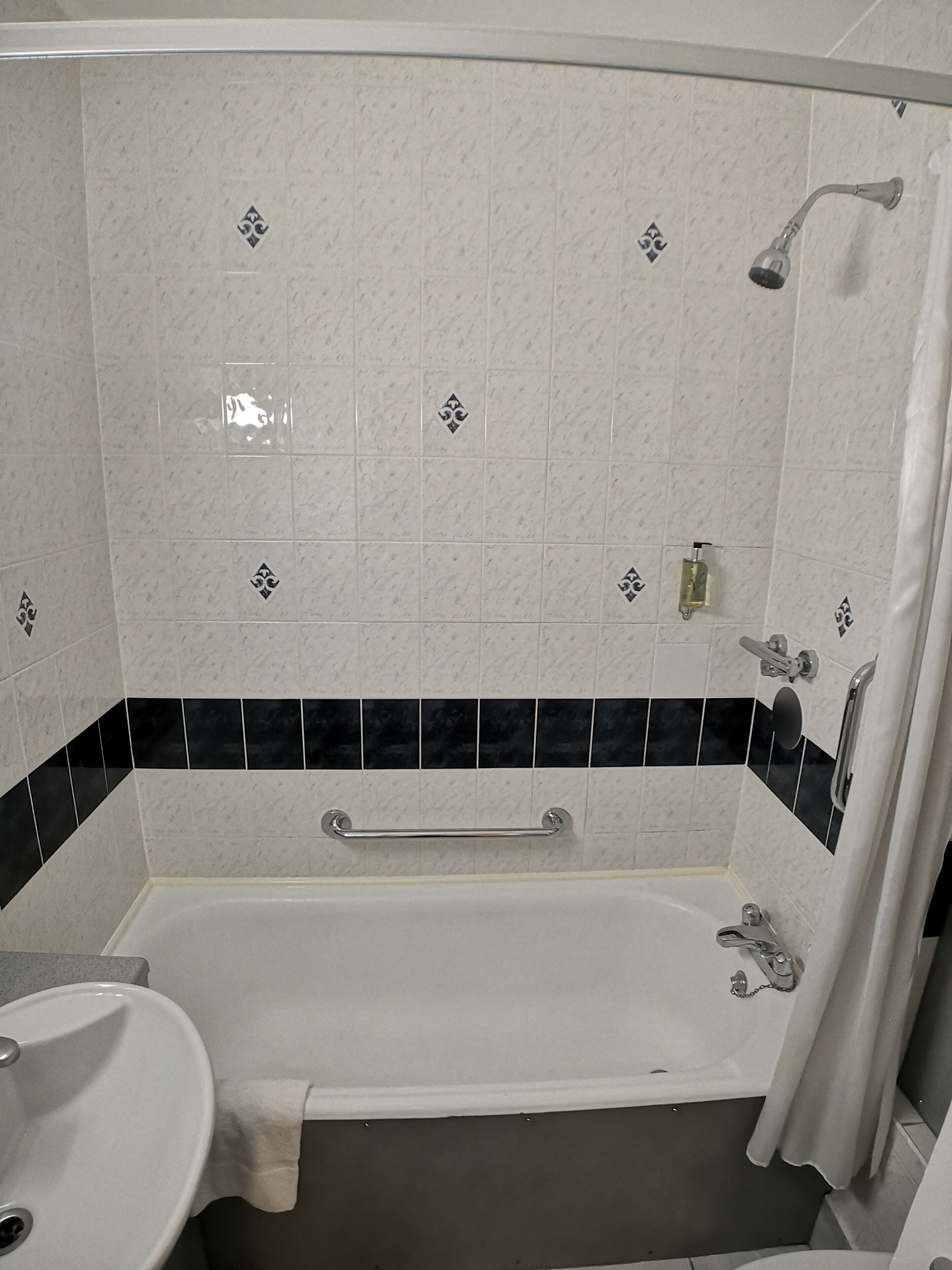 combined shower/bathtub, free toiletries, hair dryer, towels
